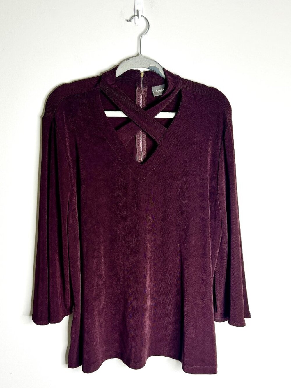 Chico's Travelers Deep Plum Purple Liquid Knit High Neck Sexy Blouse 3/4 Sleeve